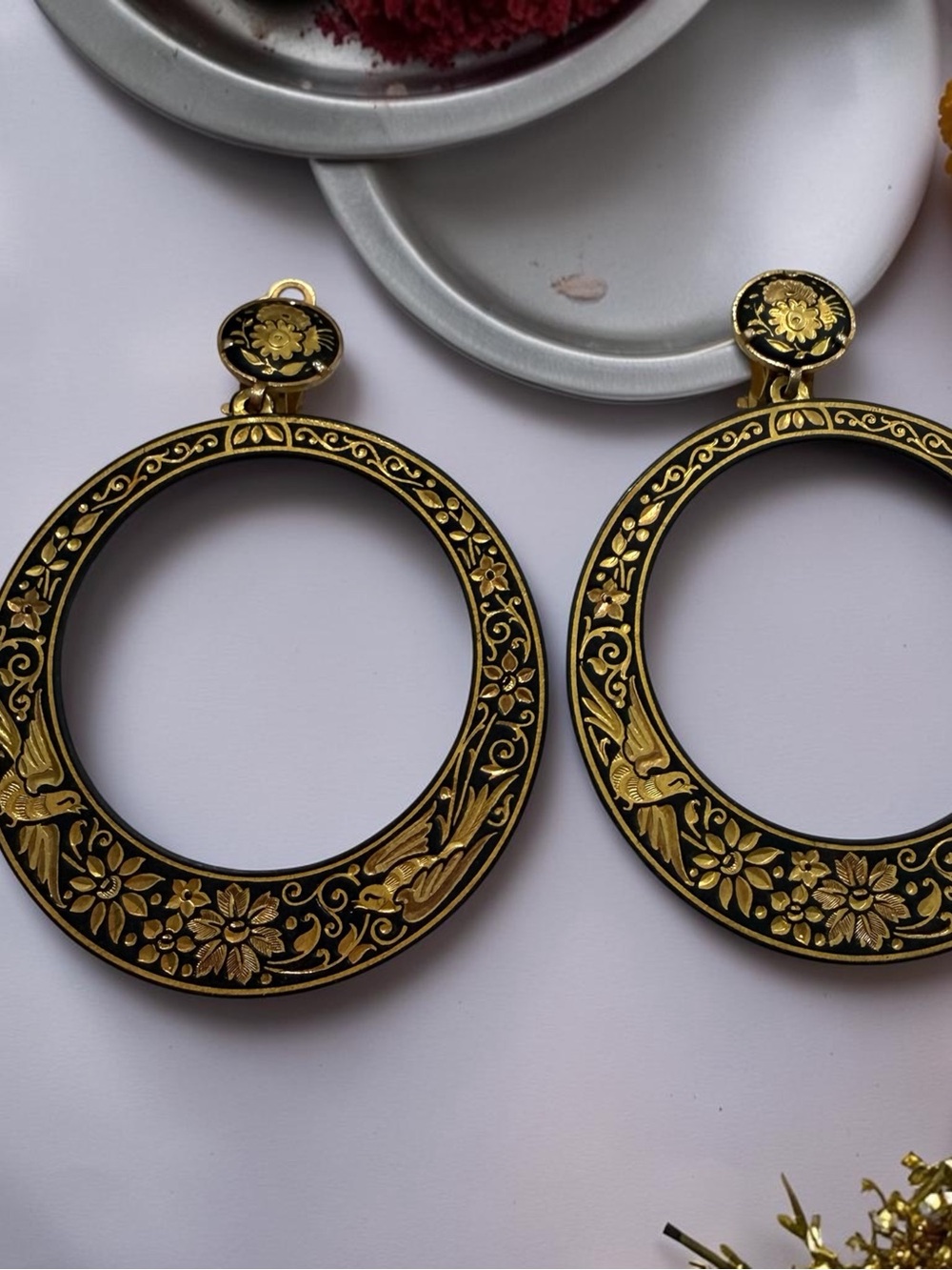 Gold & Black Floral Hoop Earrings